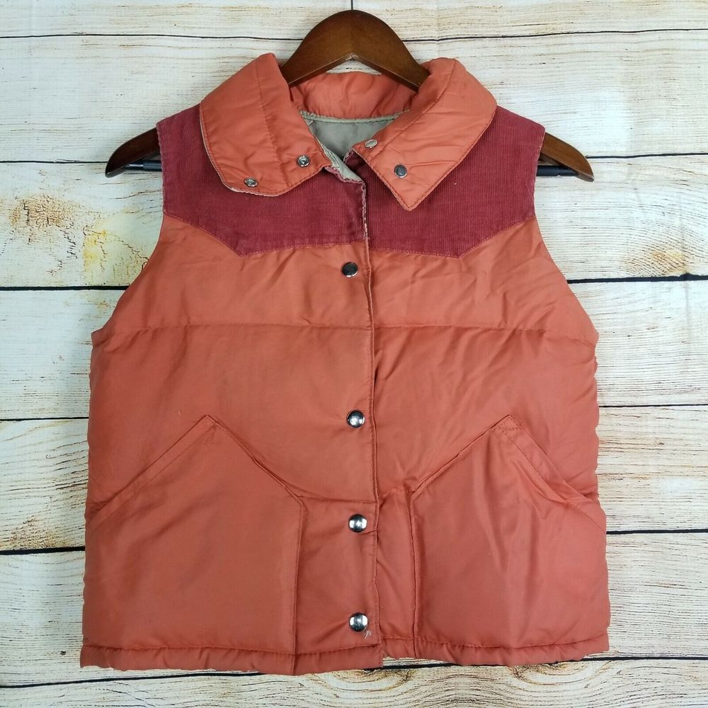Vintage Puffer Vest Orange 70s Kelso Corduroy Shoulder Insert Snap Up Boys